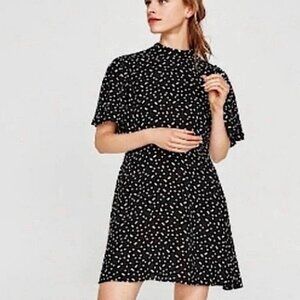 Zara Basic Black White Polka Dot Short Sleeve Mock Neck Mini Dress Size L